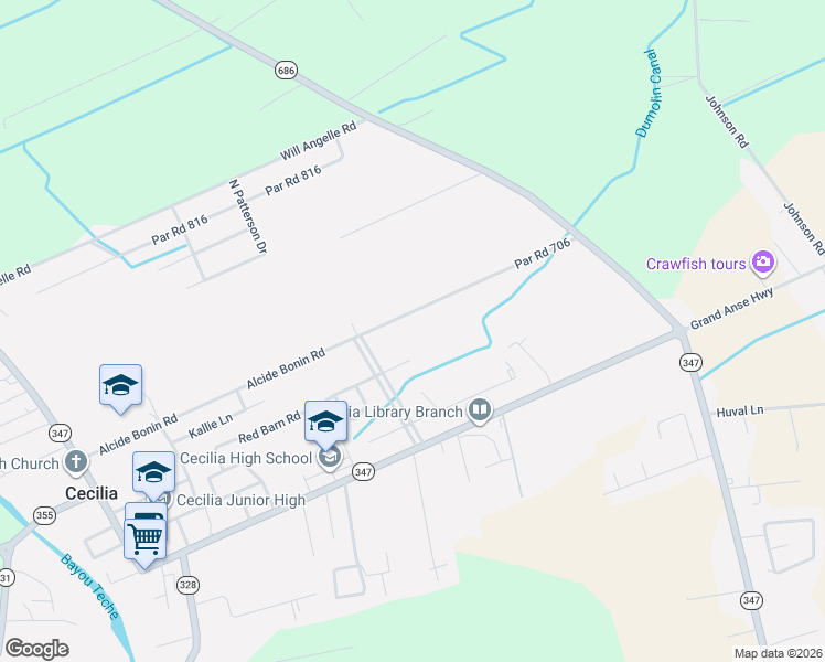 map of restaurants, bars, coffee shops, grocery stores, and more near 1117 Red Barn Road in Breaux Bridge