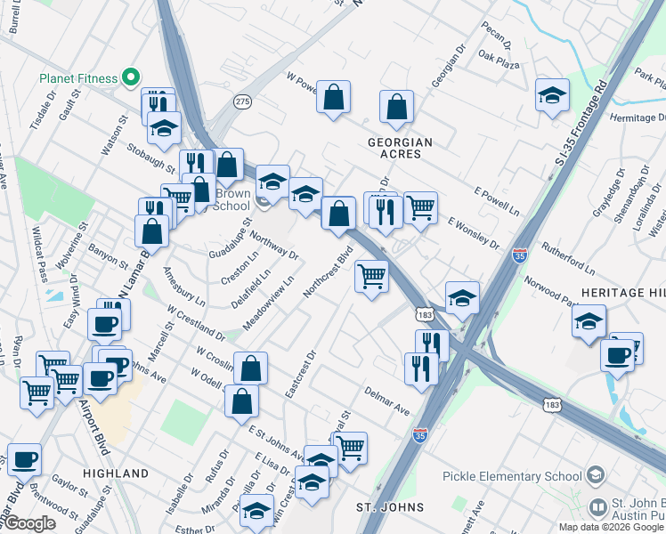map of restaurants, bars, coffee shops, grocery stores, and more near 104 Northcrest Boulevard in Austin