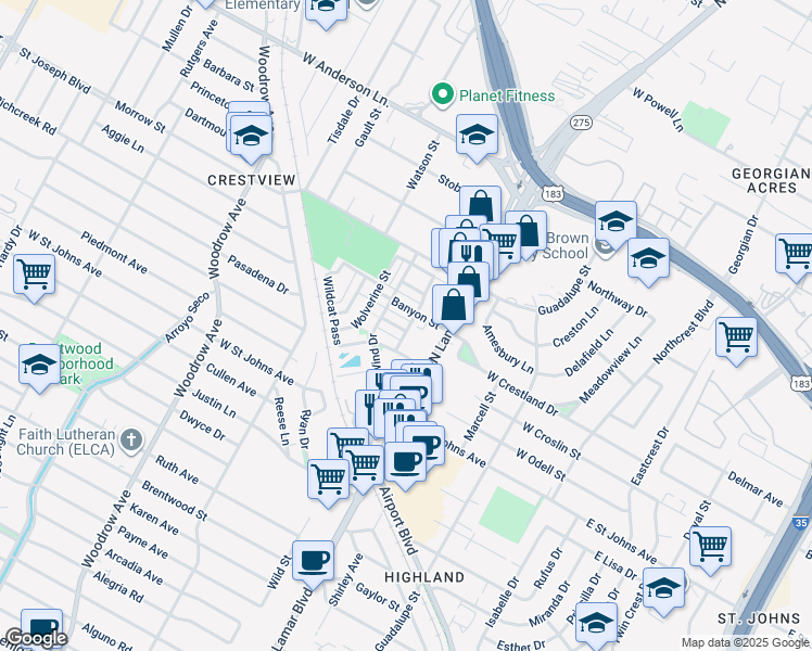 map of restaurants, bars, coffee shops, grocery stores, and more near 7400 North Lamar Boulevard in Austin