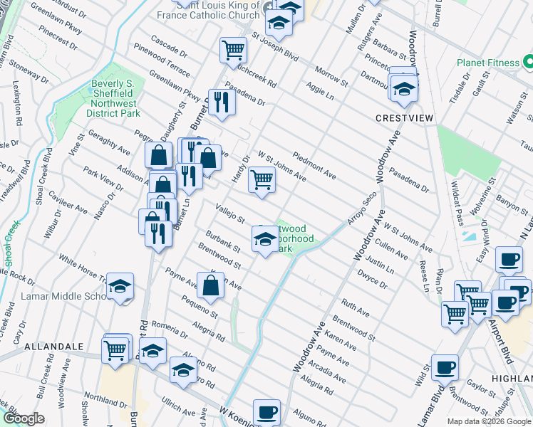 map of restaurants, bars, coffee shops, grocery stores, and more near 1804 Vallejo Street in Austin