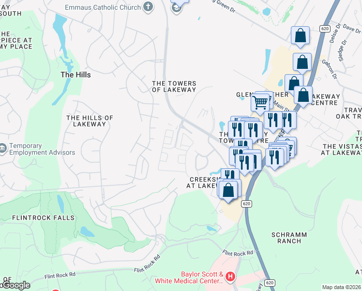 map of restaurants, bars, coffee shops, grocery stores, and more near 204 Versilia Circle in Lakeway
