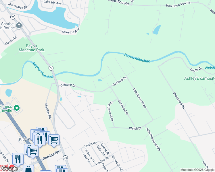 map of restaurants, bars, coffee shops, grocery stores, and more near 18645 Oakwood Drive in Prairieville