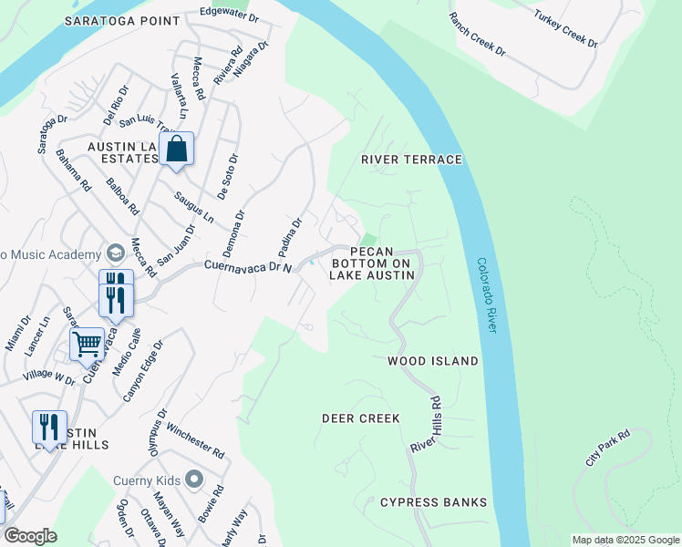 map of restaurants, bars, coffee shops, grocery stores, and more near 2413 Cuernavaca Drive North in Austin