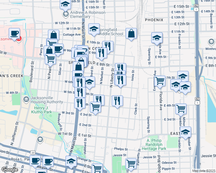 map of restaurants, bars, coffee shops, grocery stores, and more near 1525 North Liberty Street in Jacksonville