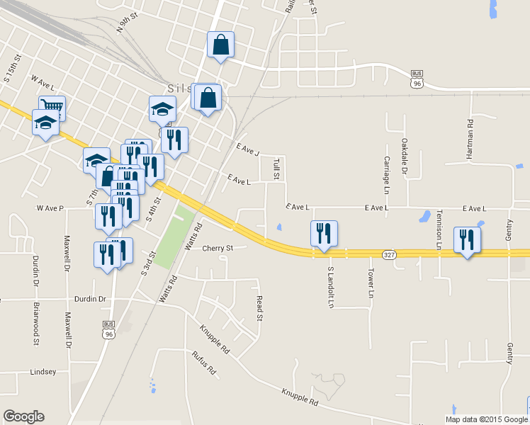 map of restaurants, bars, coffee shops, grocery stores, and more near 539 Winters Street in Silsbee