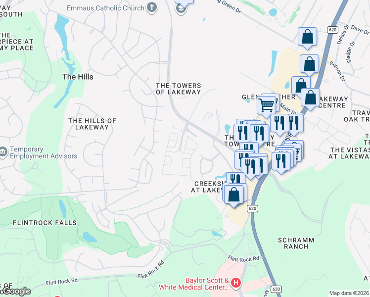map of restaurants, bars, coffee shops, grocery stores, and more near 204 Versilia Circle in Lakeway