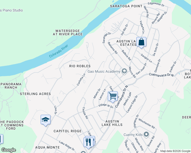 map of restaurants, bars, coffee shops, grocery stores, and more near 1704 Miami Drive in Austin