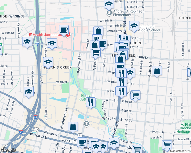 map of restaurants, bars, coffee shops, grocery stores, and more near 236 West 5th Street in Jacksonville