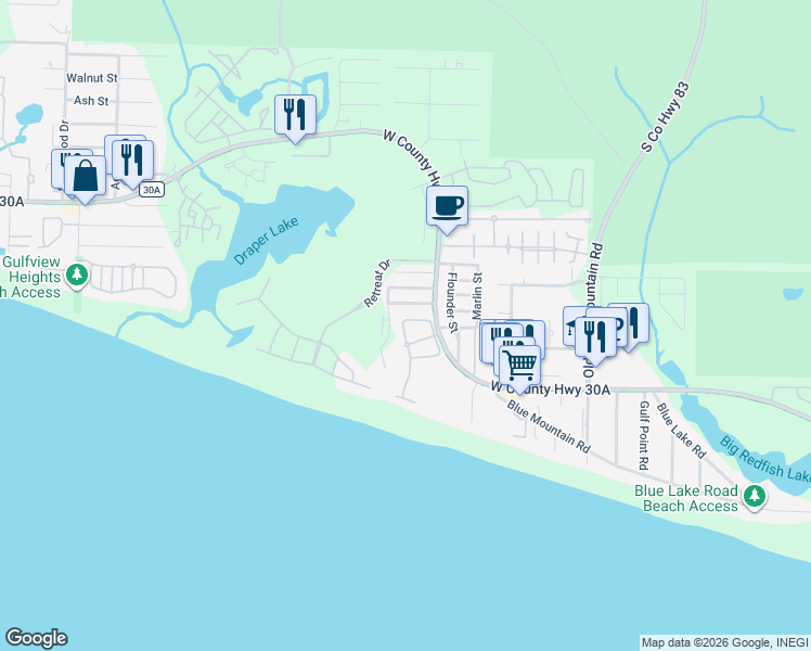 map of restaurants, bars, coffee shops, grocery stores, and more near 67 White Cliffs Boulevard in Santa Rosa Beach
