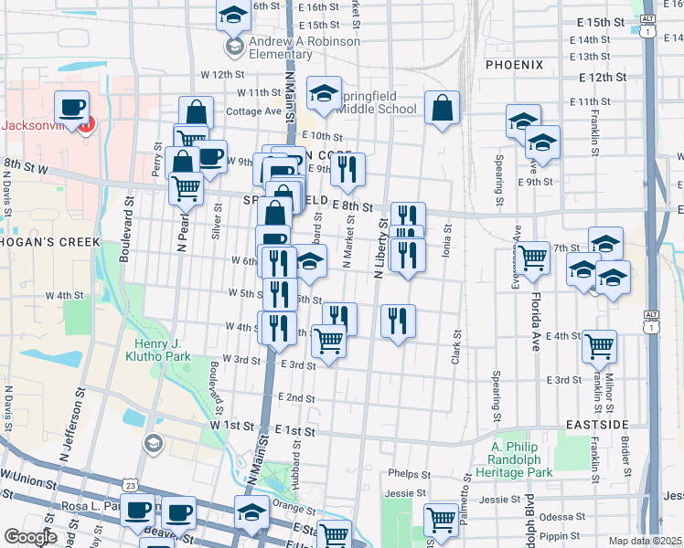 map of restaurants, bars, coffee shops, grocery stores, and more near 1517 North Market Street in Jacksonville