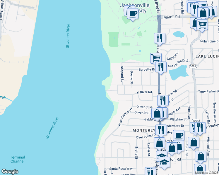 map of restaurants, bars, coffee shops, grocery stores, and more near 2018 River Bluff Road North in Jacksonville
