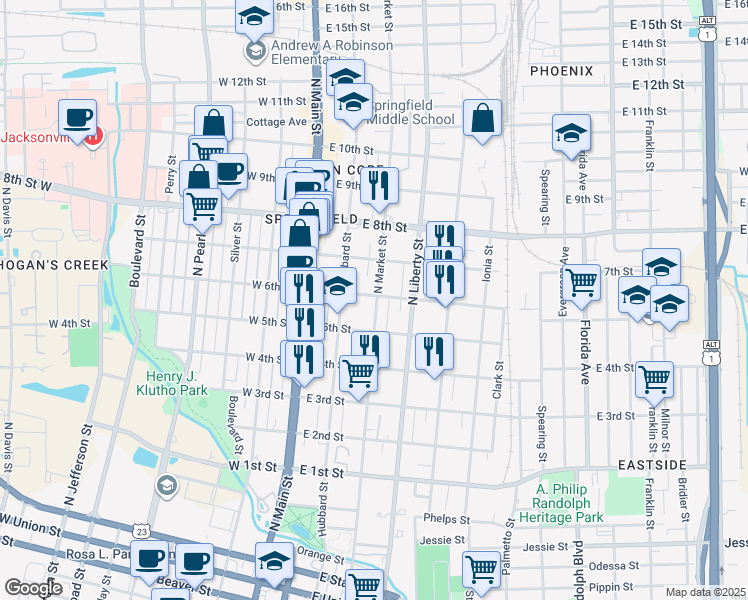 map of restaurants, bars, coffee shops, grocery stores, and more near 1517 North Market Street in Jacksonville