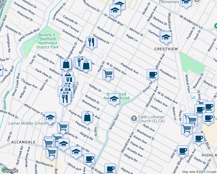map of restaurants, bars, coffee shops, grocery stores, and more near 1804 Vallejo Street in Austin