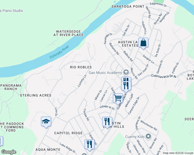 map of restaurants, bars, coffee shops, grocery stores, and more near 1704 Miami Drive in Austin