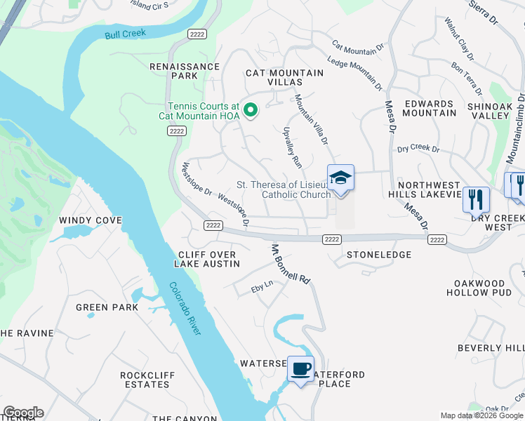 map of restaurants, bars, coffee shops, grocery stores, and more near 5800 Lookout Mountain Drive in Austin