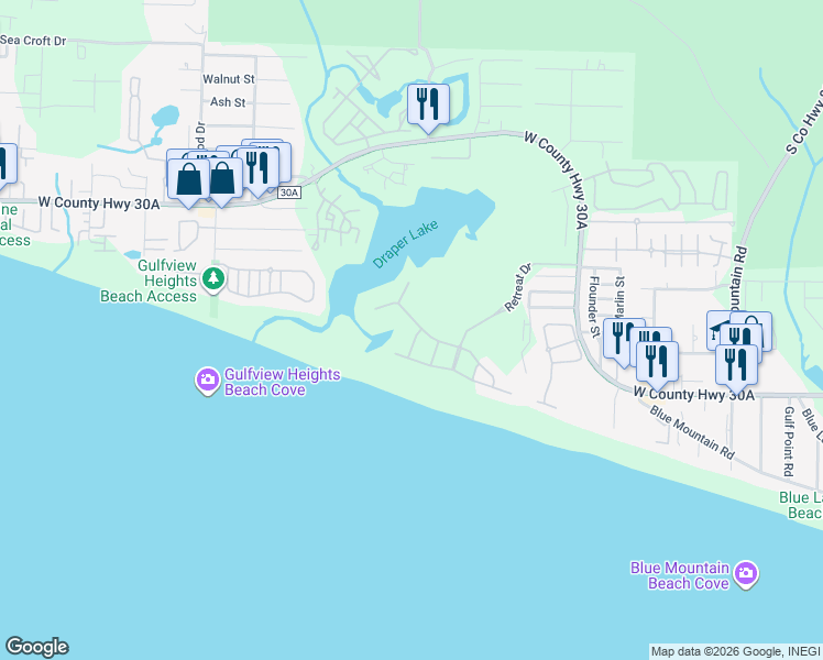map of restaurants, bars, coffee shops, grocery stores, and more near 54 Tortola Lane in Santa Rosa Beach