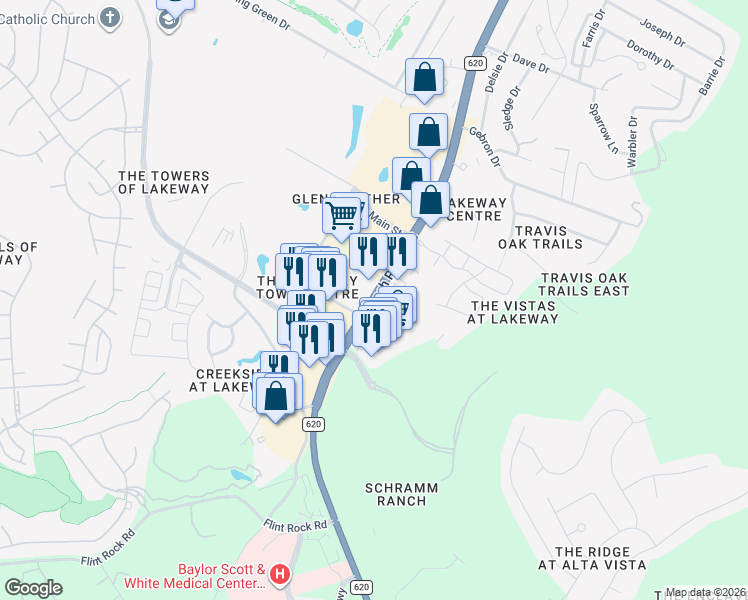 map of restaurants, bars, coffee shops, grocery stores, and more near Ranch Road 620 South in Travis County