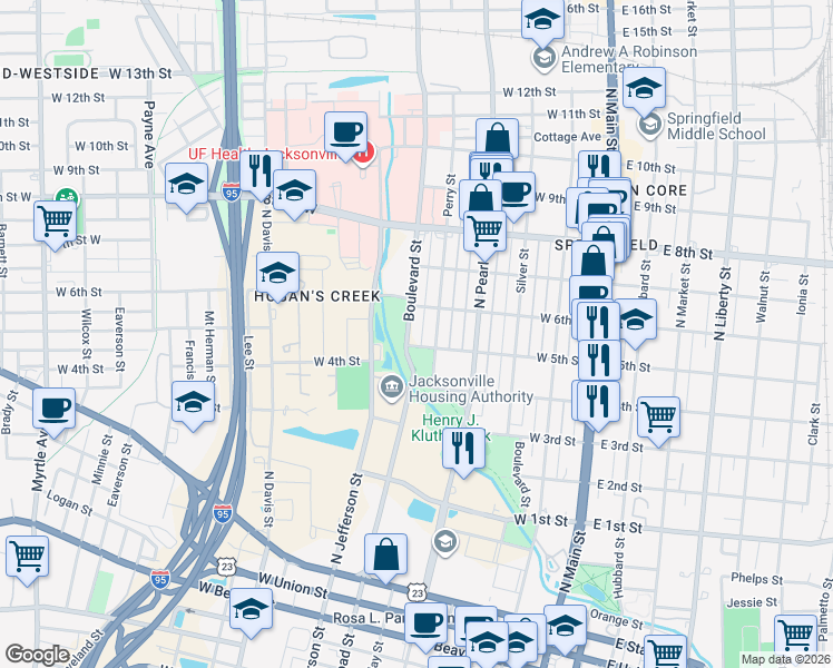 map of restaurants, bars, coffee shops, grocery stores, and more near 1441 Boulevard in Jacksonville
