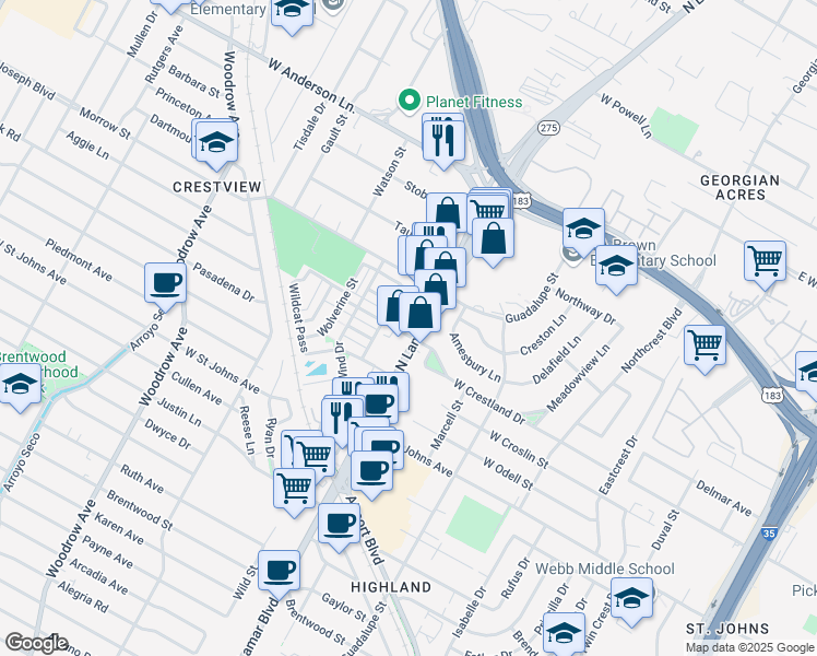 map of restaurants, bars, coffee shops, grocery stores, and more near 7520 North Lamar Boulevard in Austin