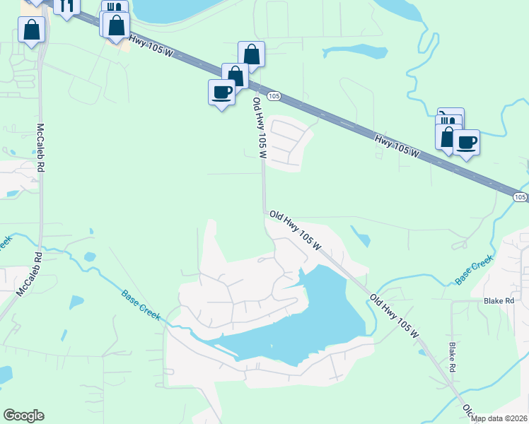 map of restaurants, bars, coffee shops, grocery stores, and more near Old Highway 105 West in Conroe