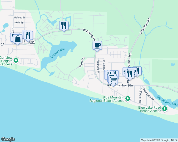 map of restaurants, bars, coffee shops, grocery stores, and more near 58 Redfish Circle in Santa Rosa Beach