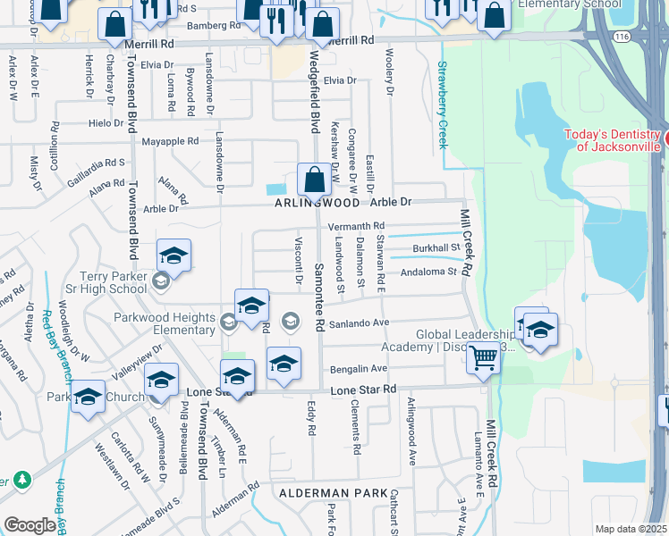 map of restaurants, bars, coffee shops, grocery stores, and more near 1904 Landwood Street in Jacksonville