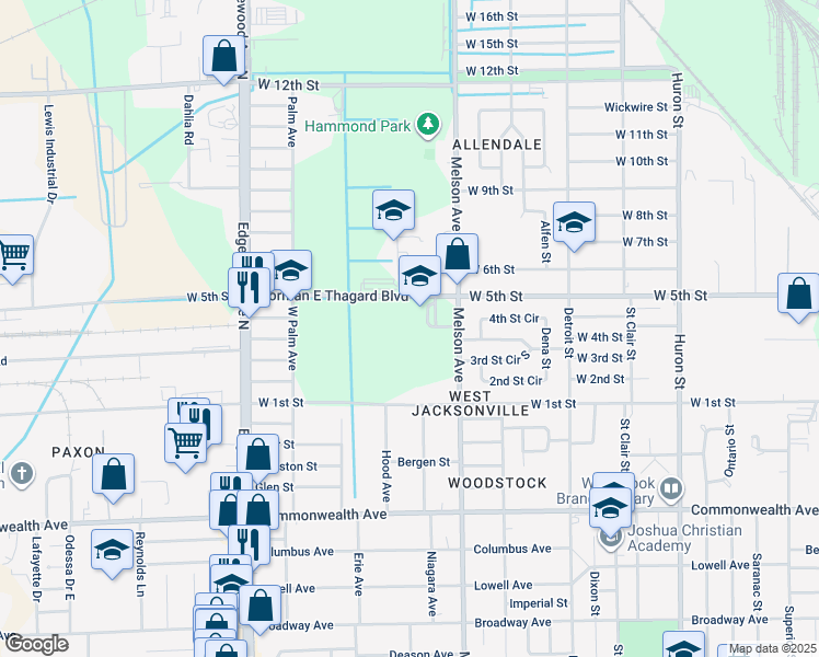 map of restaurants, bars, coffee shops, grocery stores, and more near 3276 Norman E Thagard Boulevard in Jacksonville