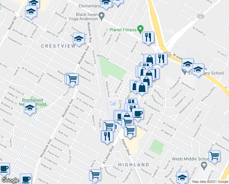 map of restaurants, bars, coffee shops, grocery stores, and more near 7406 Wolverine Street in Austin