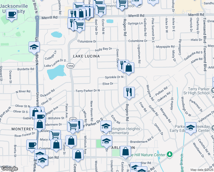 map of restaurants, bars, coffee shops, grocery stores, and more near 6231 Elise Drive in Jacksonville