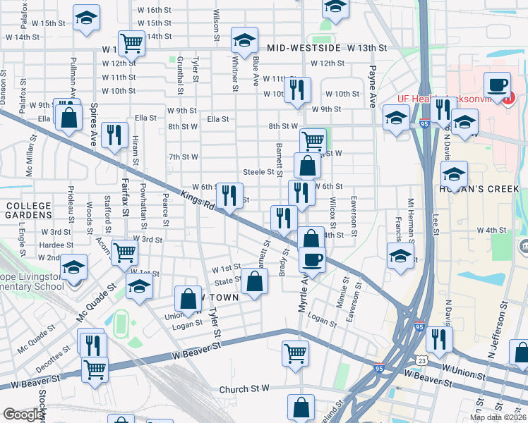 map of restaurants, bars, coffee shops, grocery stores, and more near 1431 West 5th Street in Jacksonville