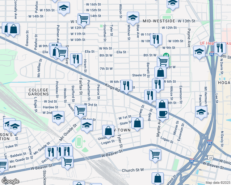 map of restaurants, bars, coffee shops, grocery stores, and more near 1623 Kings Road in Jacksonville