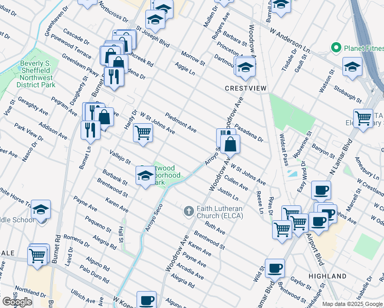 map of restaurants, bars, coffee shops, grocery stores, and more near 1510 Cullen Avenue in Austin