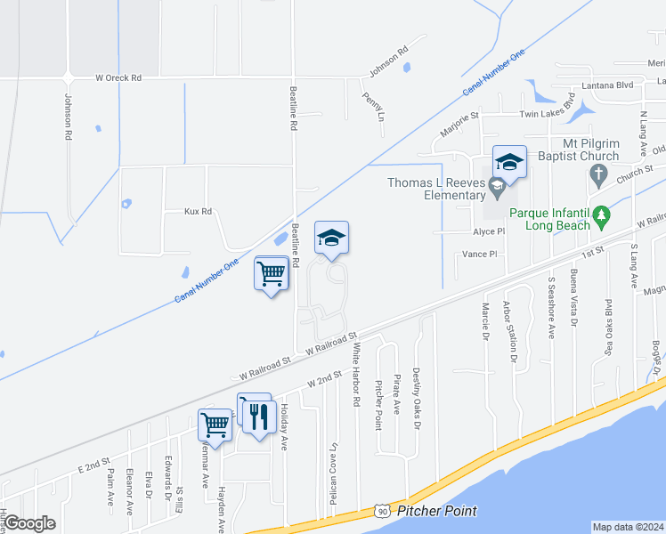 map of restaurants, bars, coffee shops, grocery stores, and more near 1170 West Railroad Street in Long Beach