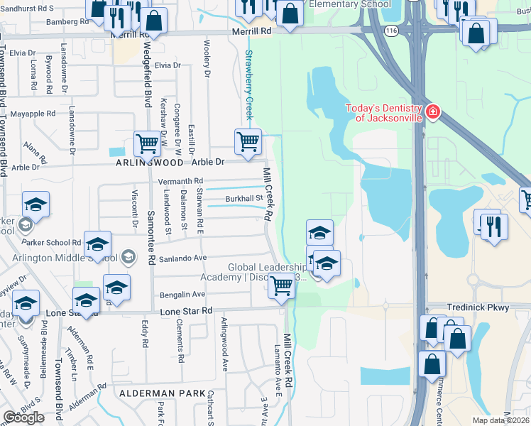 map of restaurants, bars, coffee shops, grocery stores, and more near 1937 Mill Creek Road in Jacksonville
