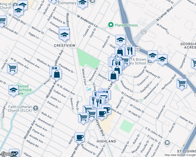 map of restaurants, bars, coffee shops, grocery stores, and more near 912 Cavalier Lane in Austin