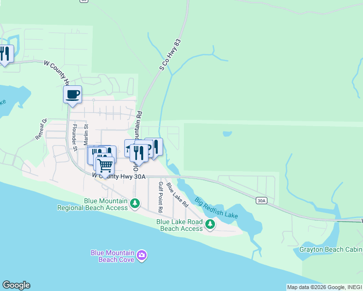 map of restaurants, bars, coffee shops, grocery stores, and more near 29 Ibis Drive in Santa Rosa Beach
