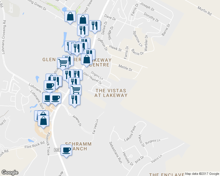 map of restaurants, bars, coffee shops, grocery stores, and more near 15121 Glen Heather Drive in Lakeway