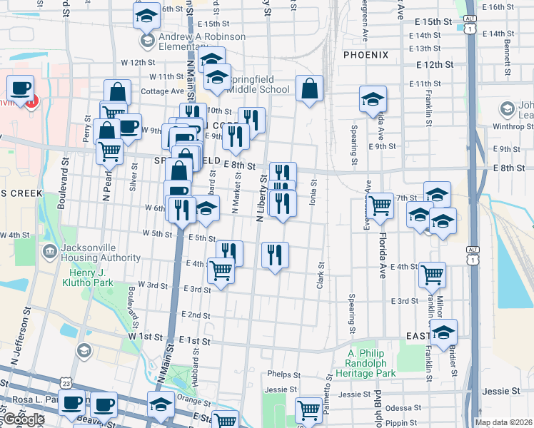 map of restaurants, bars, coffee shops, grocery stores, and more near 1635 North Liberty Street in Jacksonville
