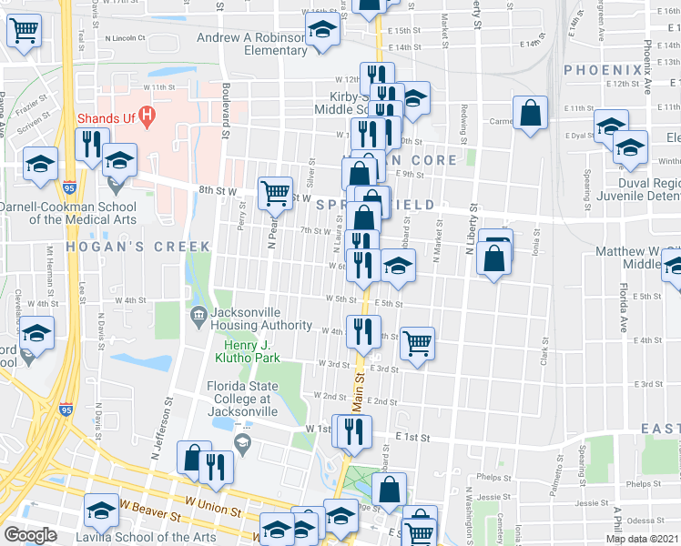 map of restaurants, bars, coffee shops, grocery stores, and more near 1611 North Laura Street in Jacksonville