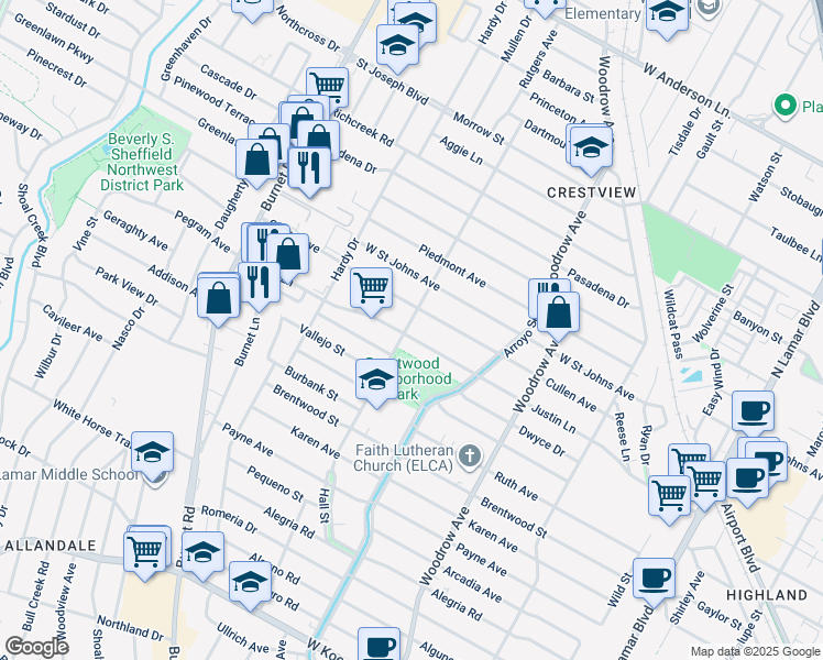 map of restaurants, bars, coffee shops, grocery stores, and more near 1803 Cullen Avenue in Austin