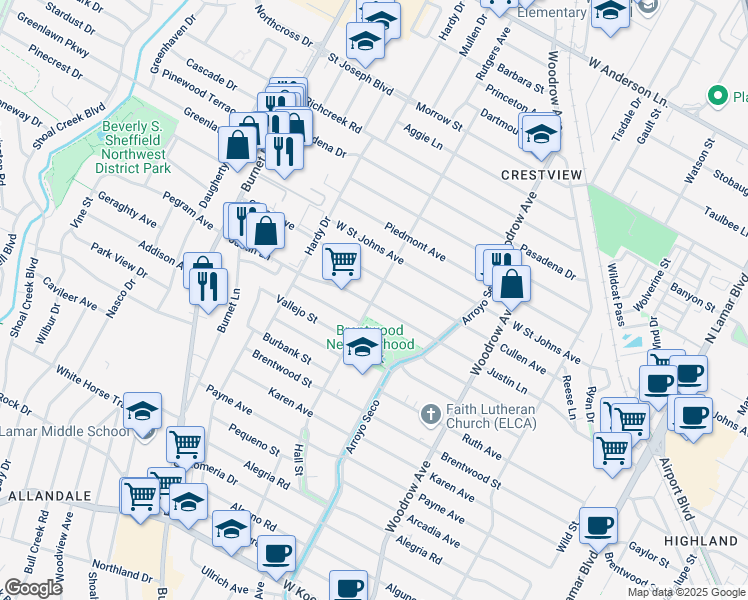 map of restaurants, bars, coffee shops, grocery stores, and more near 1803 Cullen Avenue in Austin
