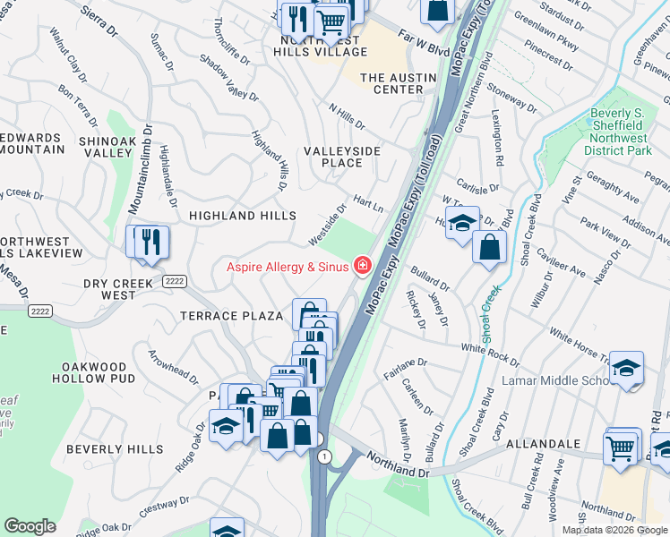 map of restaurants, bars, coffee shops, grocery stores, and more near 5919 Overlook Drive in Austin