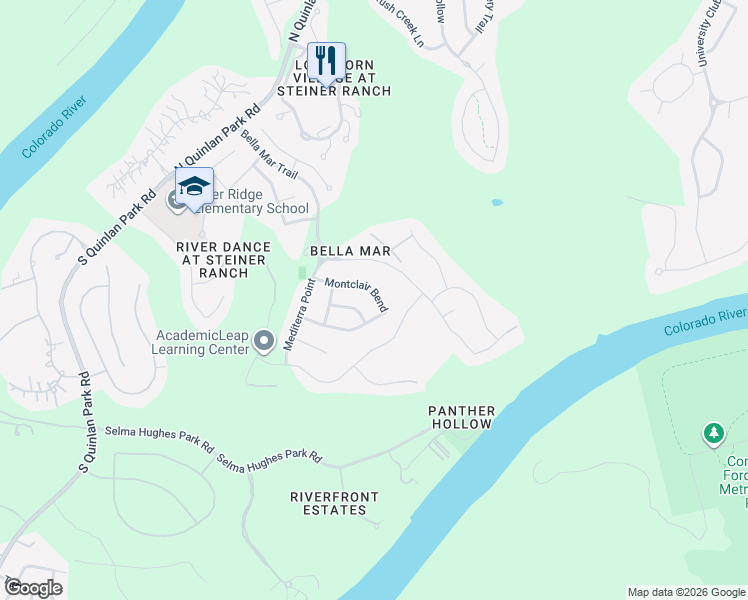 map of restaurants, bars, coffee shops, grocery stores, and more near 12228 Montclair Bend in Austin