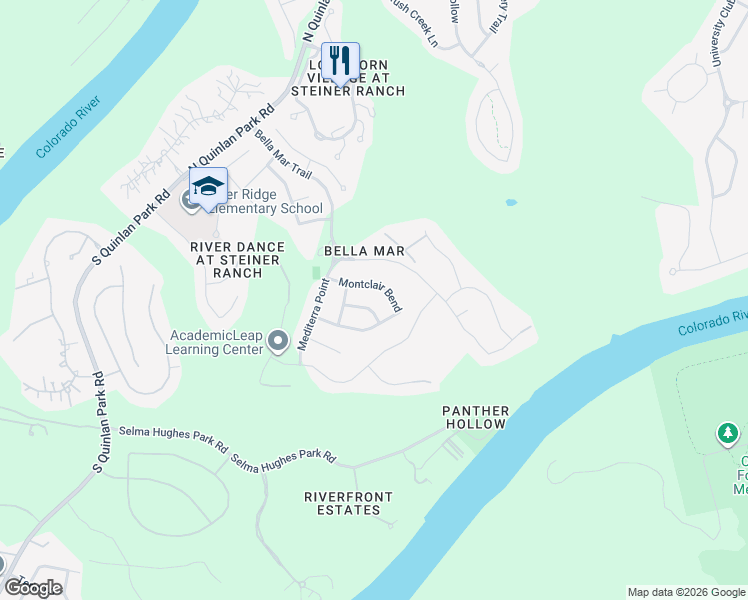 map of restaurants, bars, coffee shops, grocery stores, and more near 12228 Montclair Bend in Austin