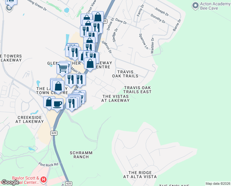 map of restaurants, bars, coffee shops, grocery stores, and more near 15008 Origins Lane in Lakeway