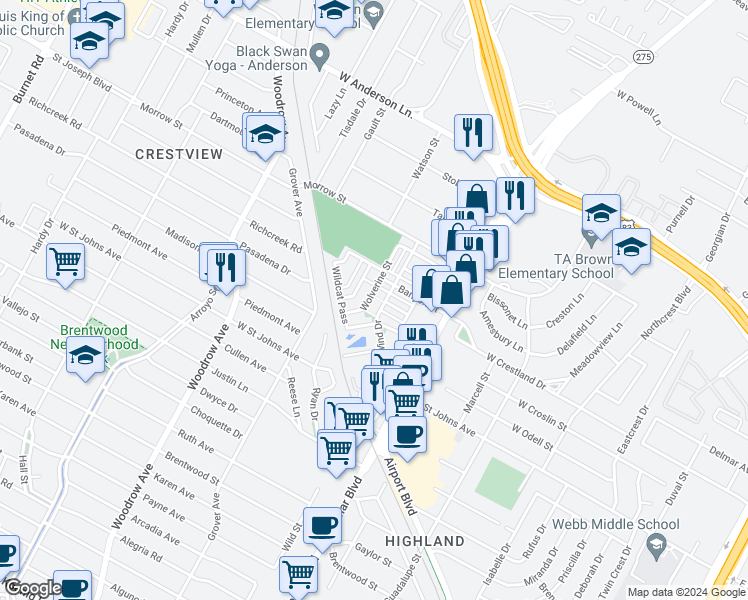 map of restaurants, bars, coffee shops, grocery stores, and more near 7425 Wolverine Street in Austin