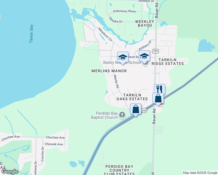 map of restaurants, bars, coffee shops, grocery stores, and more near 900 Merlin Court in Pensacola