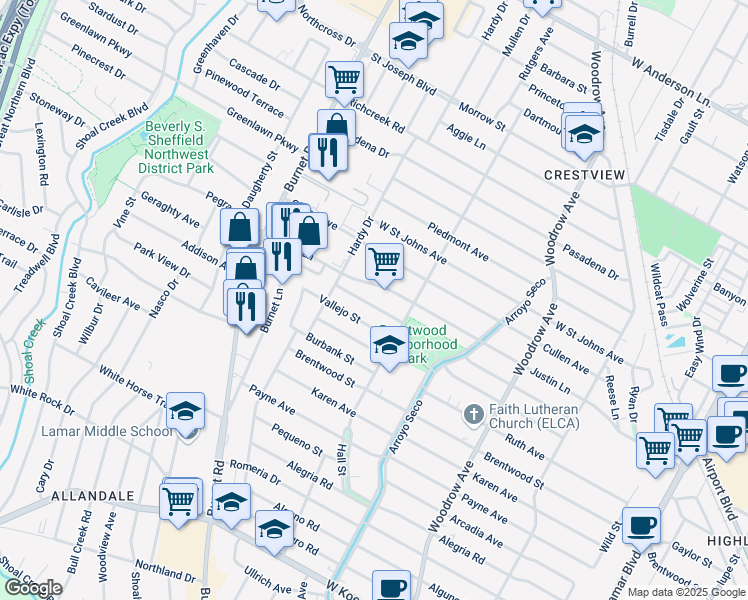 map of restaurants, bars, coffee shops, grocery stores, and more near 1900 Justin Lane in Austin