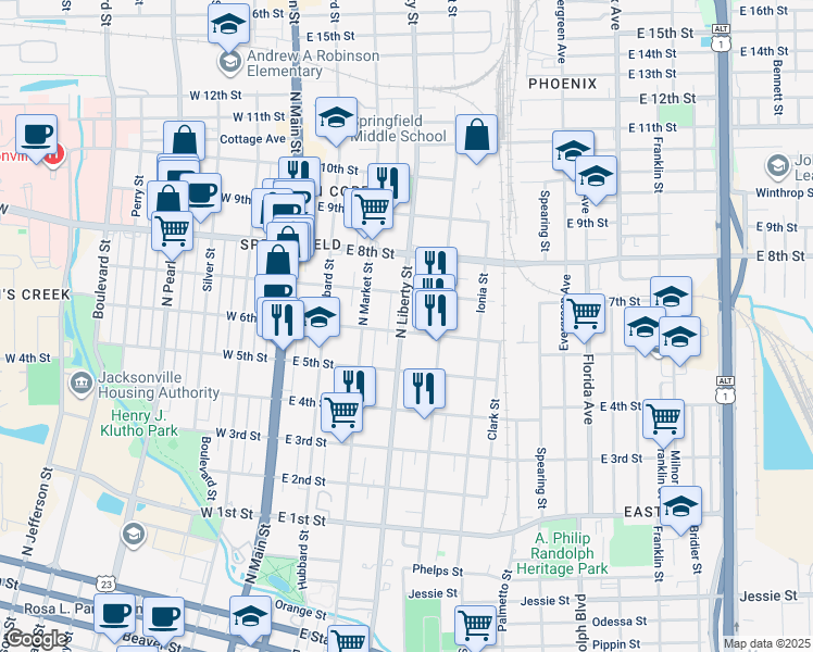 map of restaurants, bars, coffee shops, grocery stores, and more near 1635 North Liberty Street in Jacksonville
