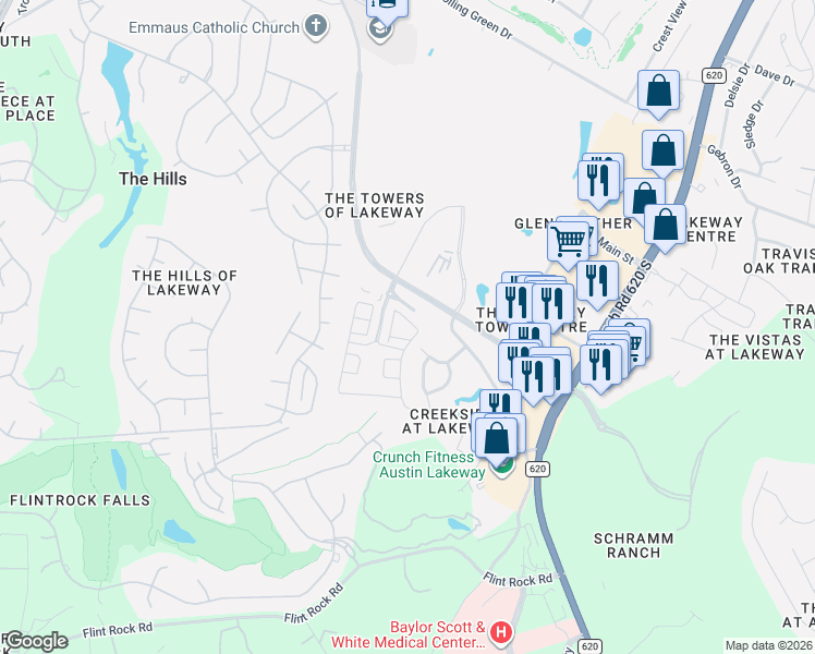 map of restaurants, bars, coffee shops, grocery stores, and more near 104-2 Rivalto Circle in Lakeway